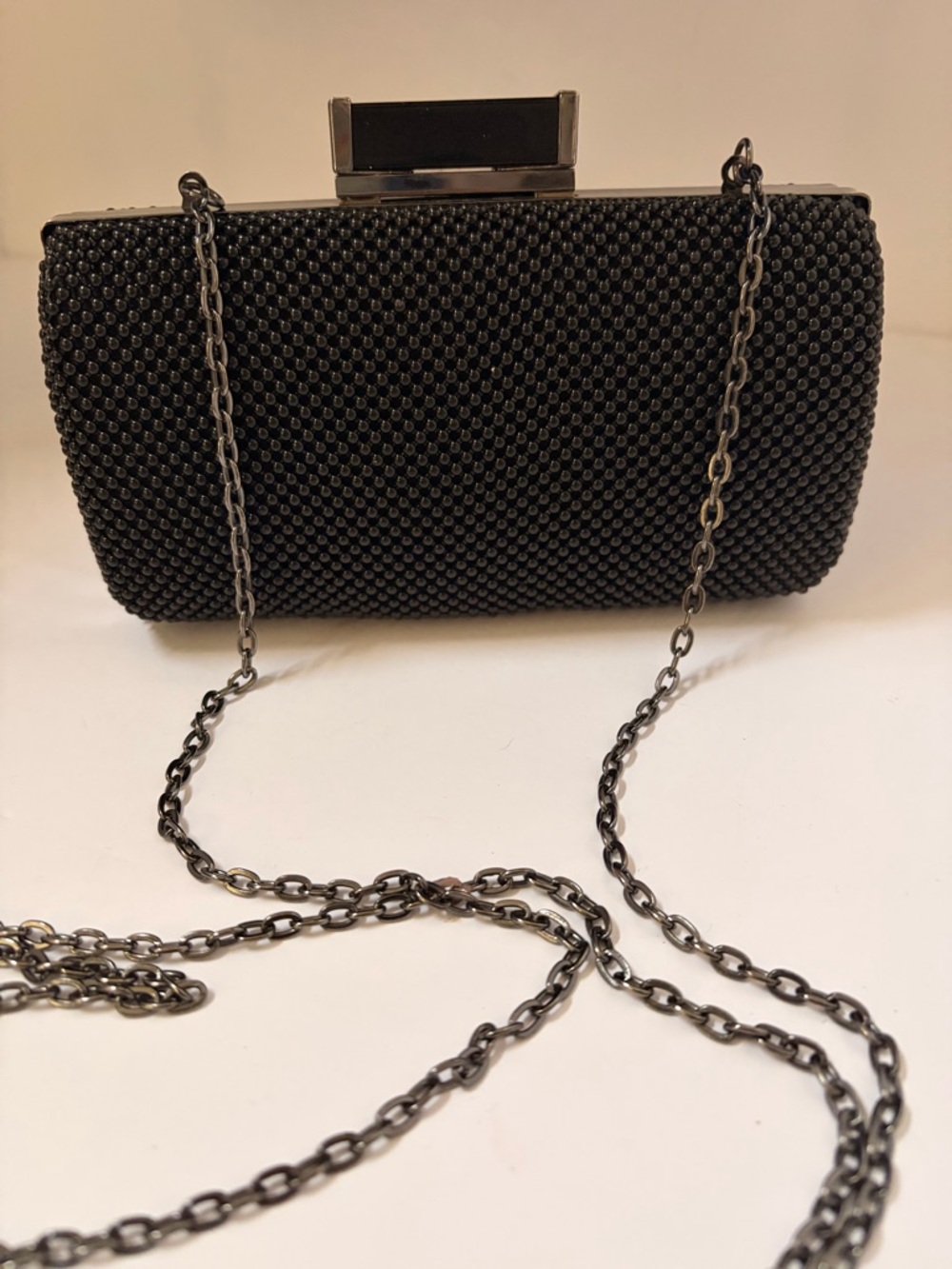 Black Beaded Evening Clutch with Chain Strap